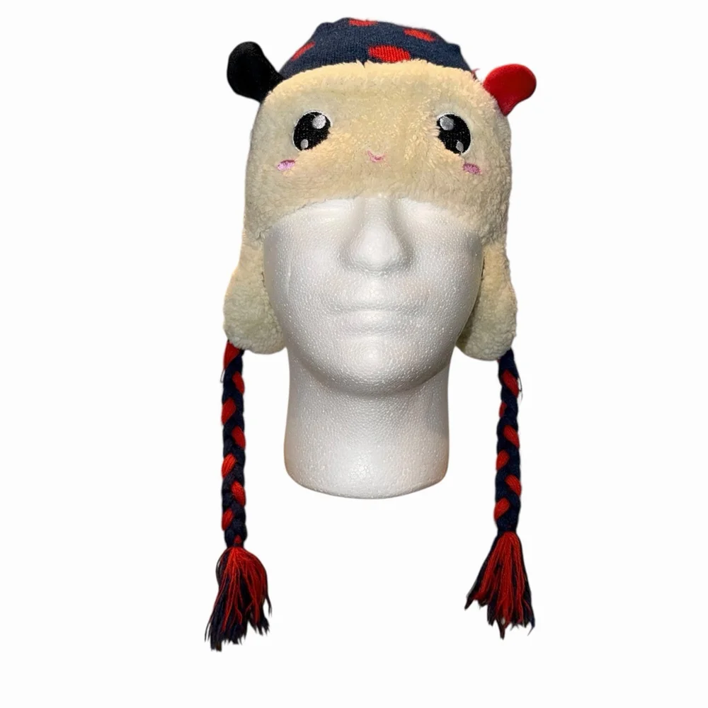 Girls Lady Bug Face Winter Knit Hat With Ear‎ Flaps Blue Red Beanie